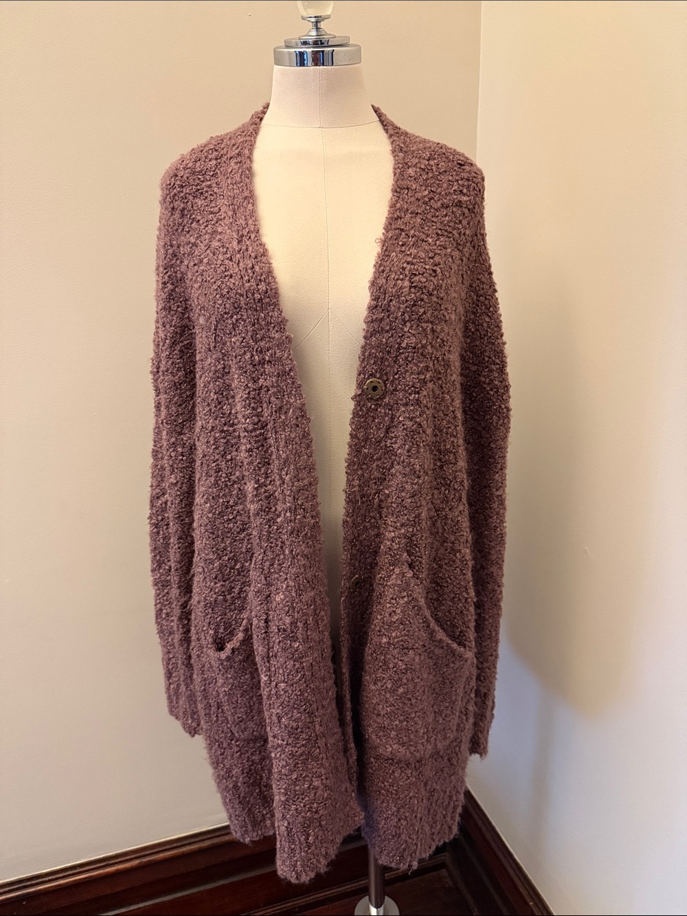 Altar'd State Bouclé Open-Front Cardigan in Mauve